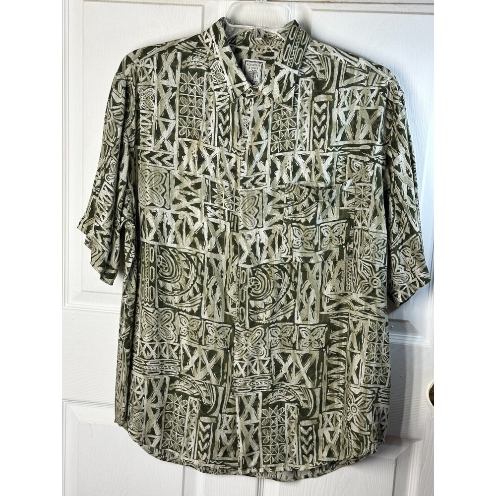 Roundtree and Yorke Shirt Men's XL Olive Green Rayon Geo Button-Up Short Sleeve